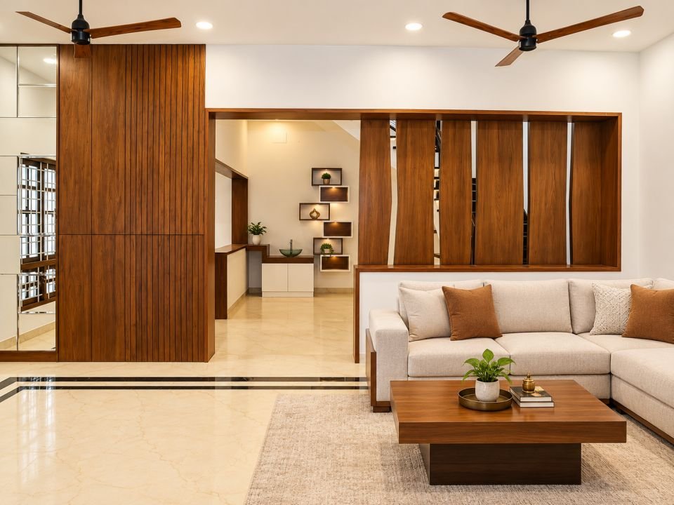 Living room with sofa and wooden partition
