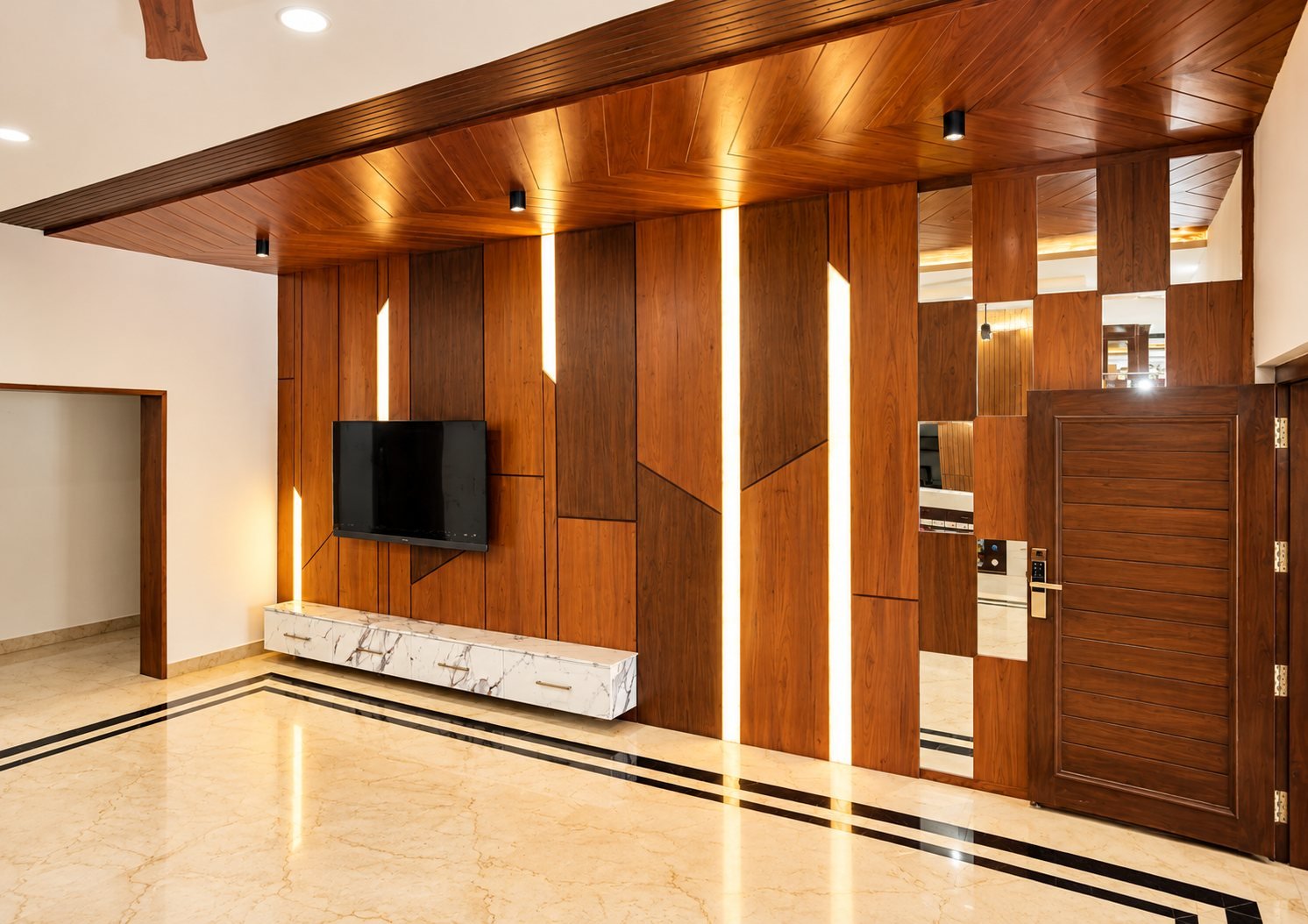 TV feature wall with wood panels and light strips