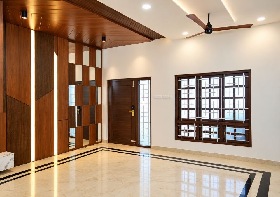 Living hall with wood panel wall and grille window