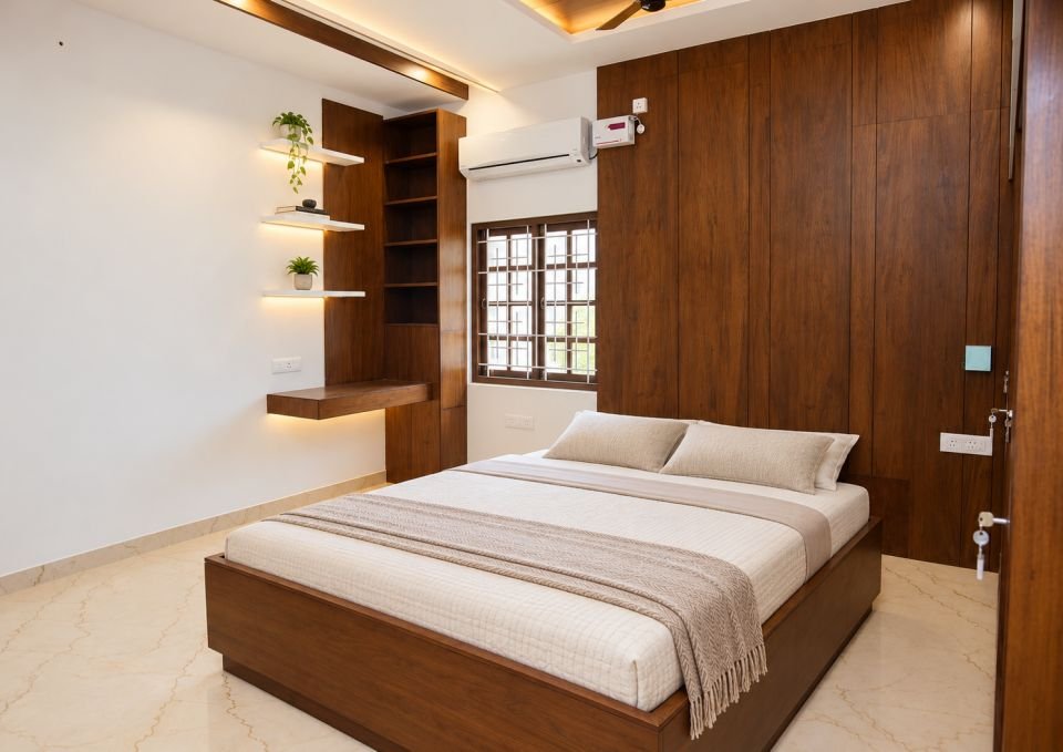 Bedroom with wood panel wall and wall shelves