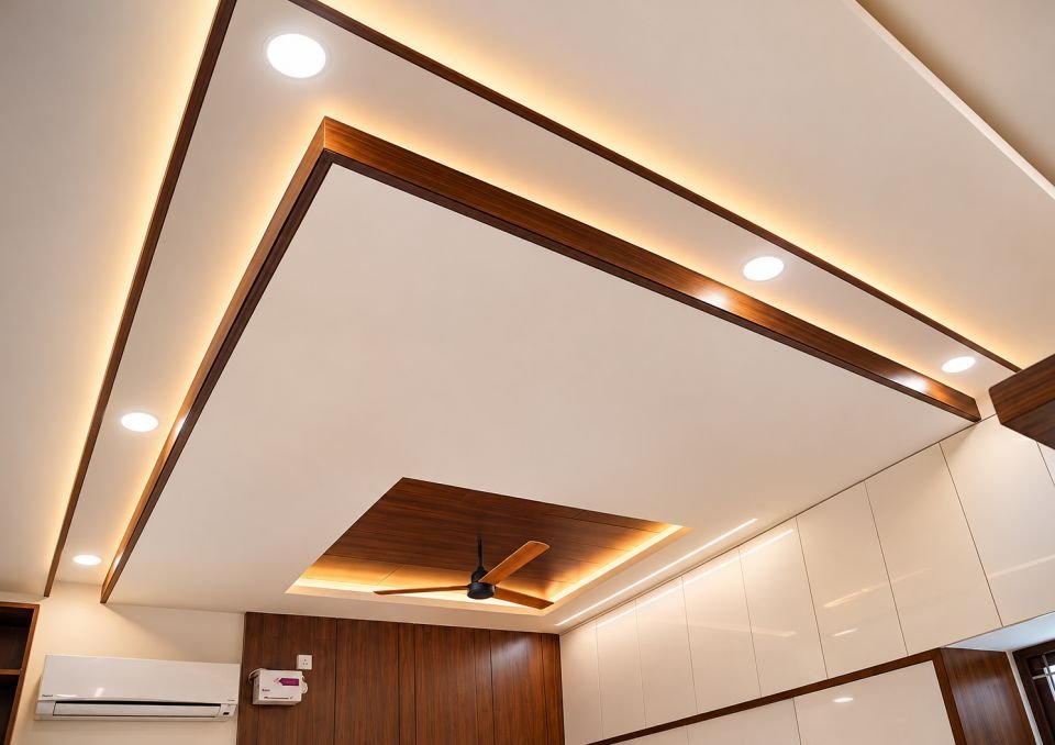 Layered false ceiling with wood trim