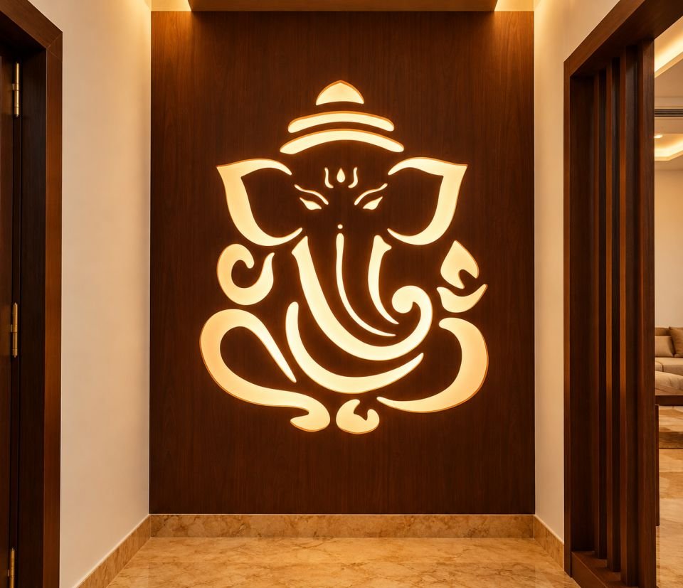 Backlit Ganesha panel in wood finish