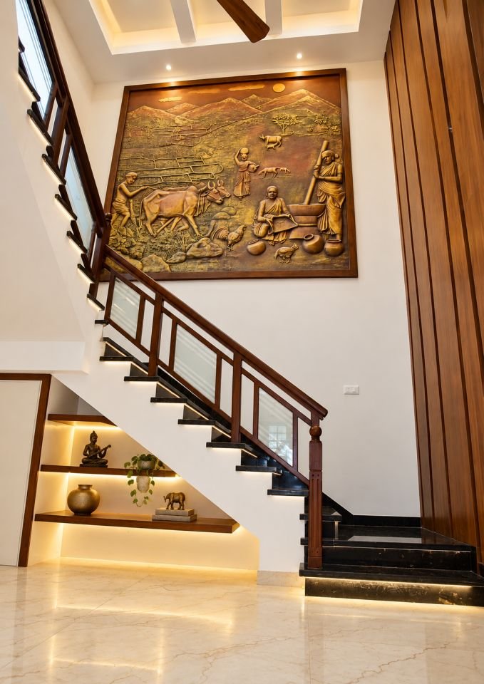 Staircase with relief wall art and lit display shelves