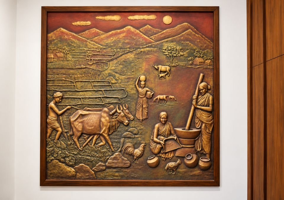 Bronze relief wall art of village life