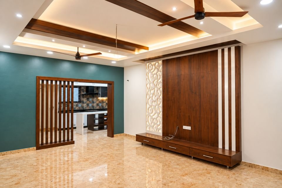 Living room with teal wall, wooden slat partition and TV panel