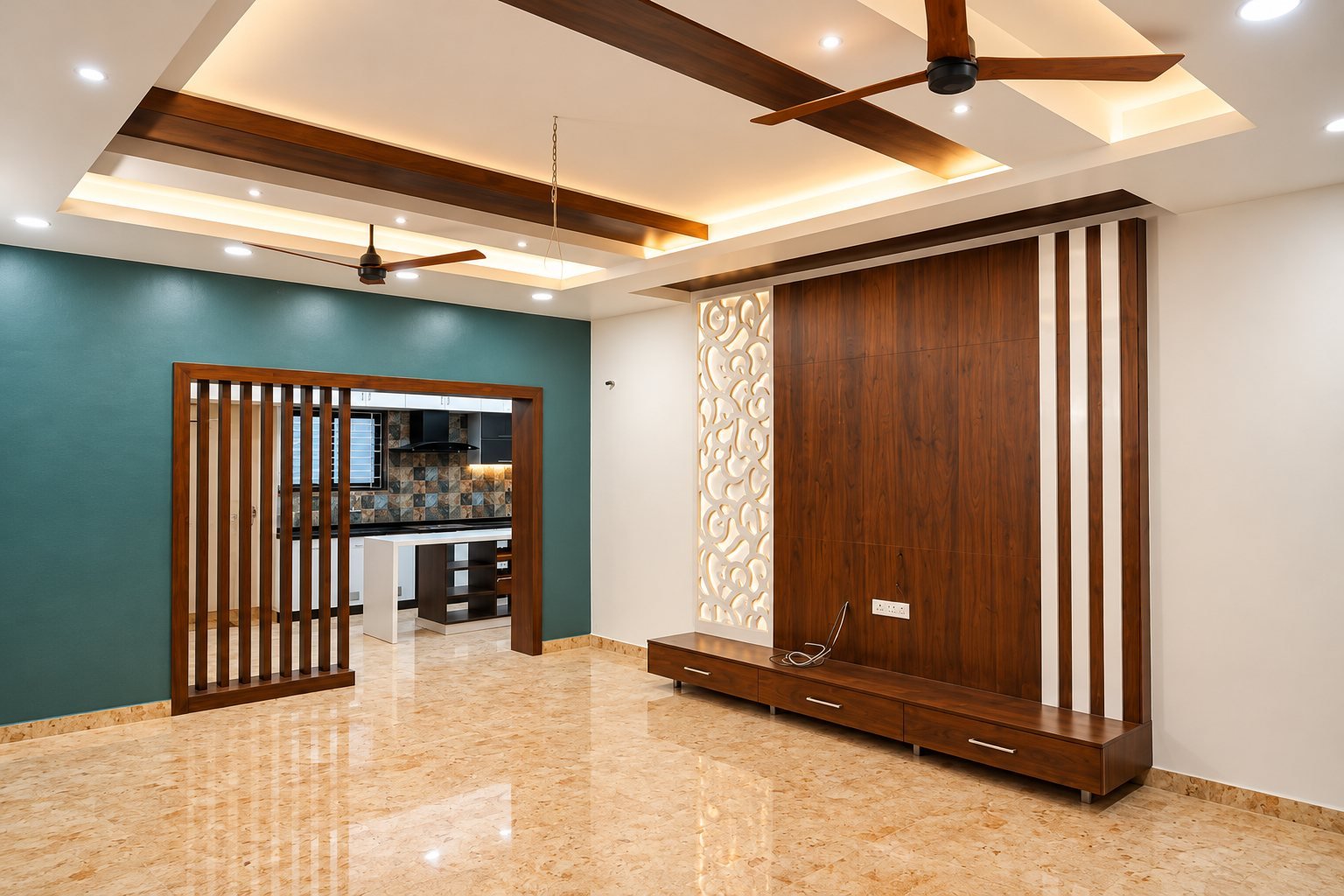 Living room with teal wall, wooden slat partition and TV panel