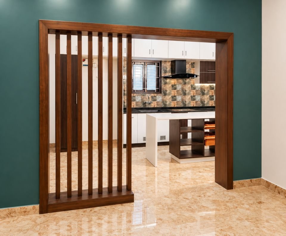 Kitchen seen through the wooden slat partition