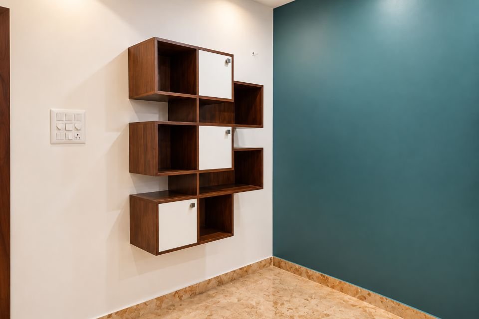 Geometric wall shelf beside the teal wall