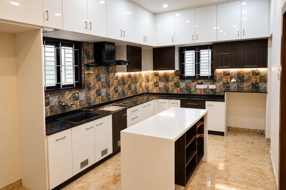 U-shaped kitchen with island counter