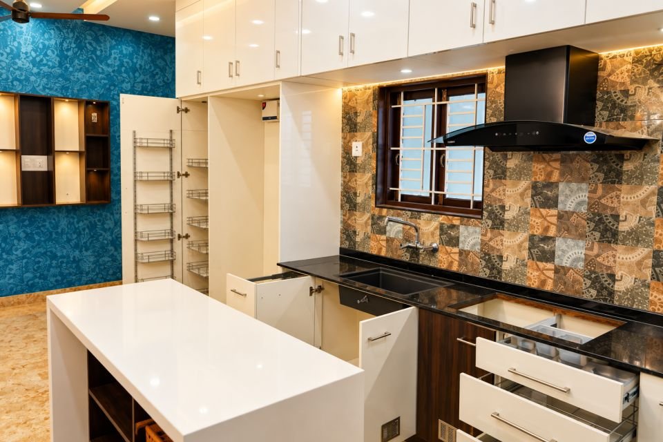 Kitchen island with drawers open