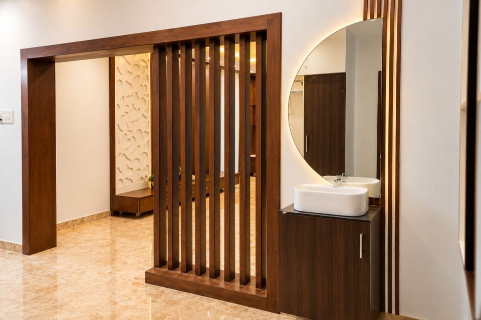 Wash basin with round mirror behind a slat partition