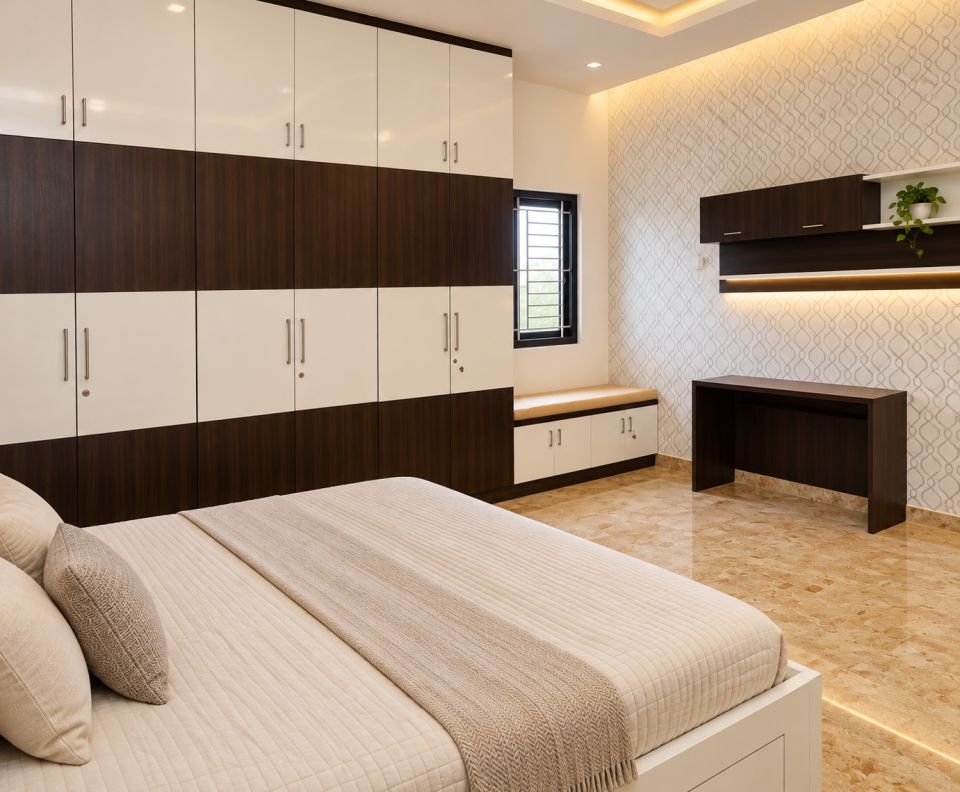 Full-wall wardrobe with study table