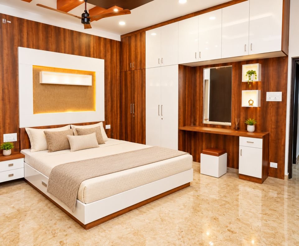 Bedroom with wood panelling, dresser and wardrobe