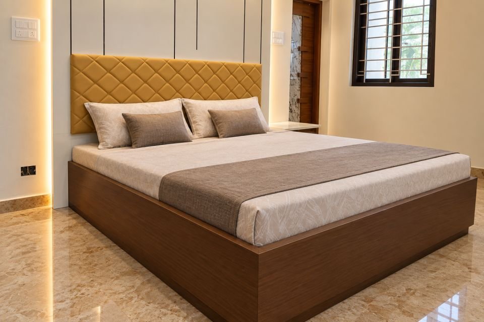 Bedroom with mustard quilted headboard