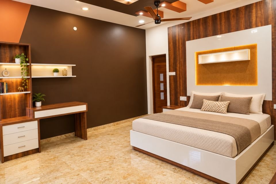 Bedroom with study table and wall shelves