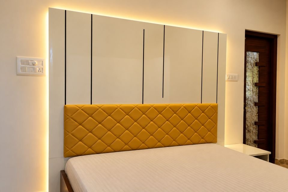 Mustard headboard with backlit wall panels
