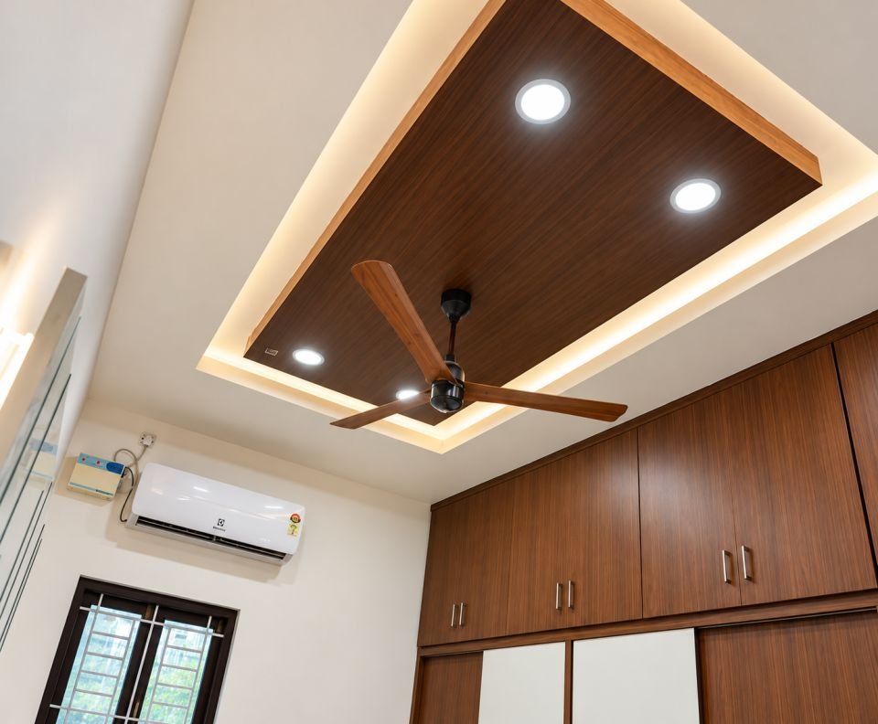 Bedroom false ceiling in wood finish with cove light