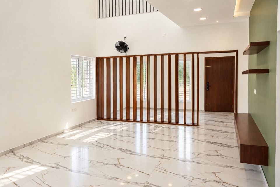 Living hall with a wooden slat partition