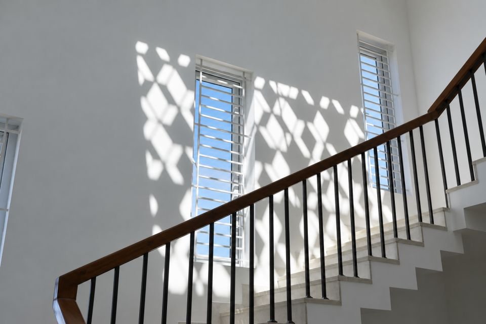 Stair railing with a sunlight pattern on the wall