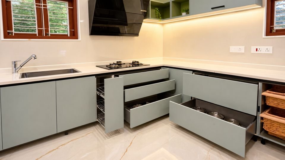 Sage green modular kitchen with drawers open