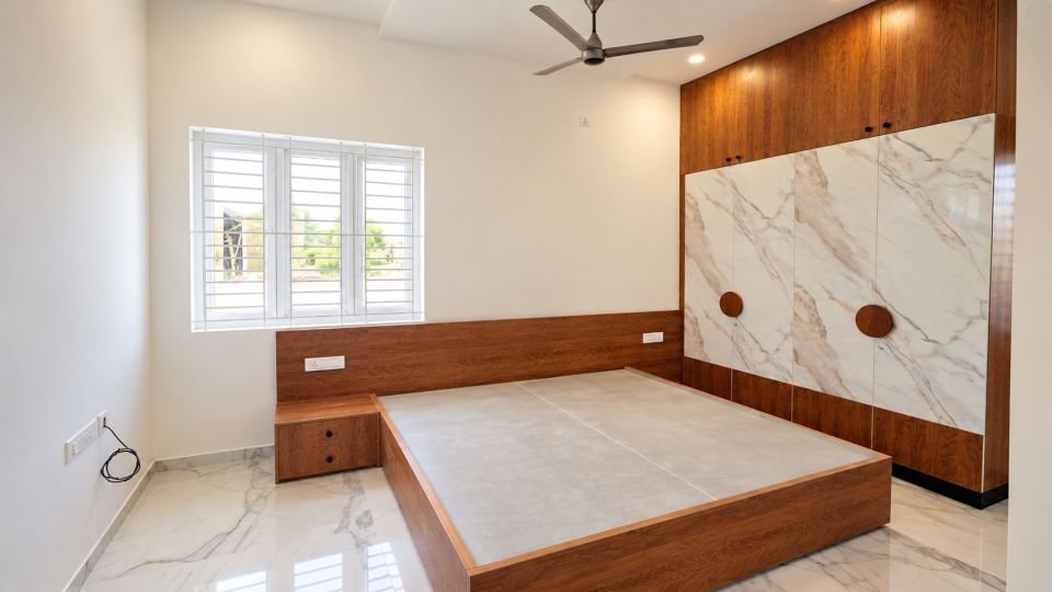 Bedroom with built-in bed and marble finish panel