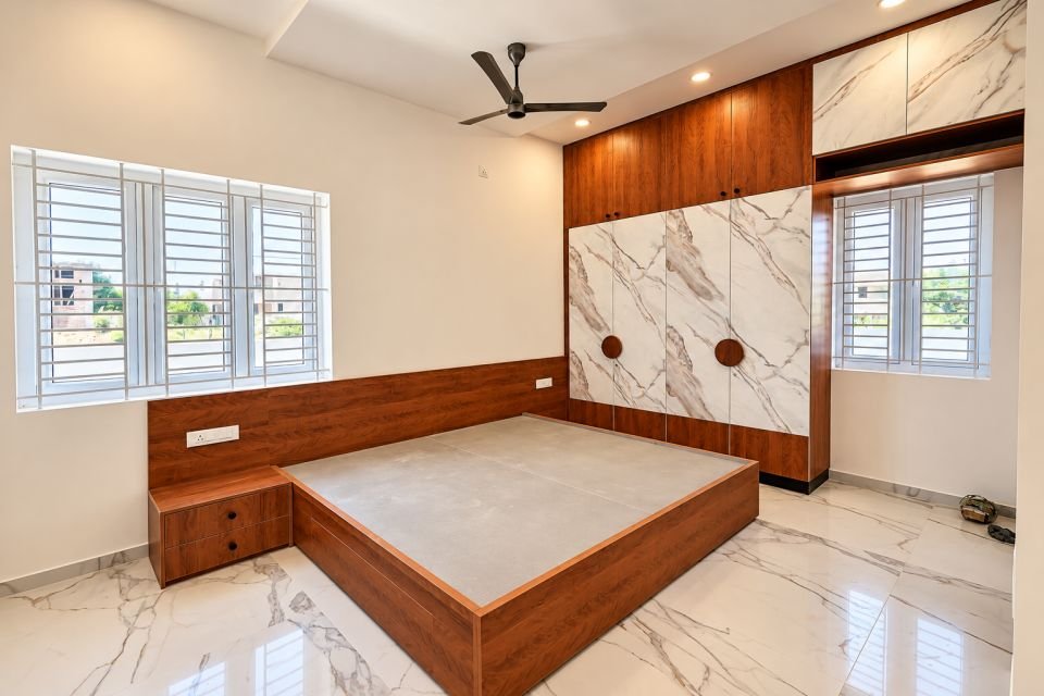 Bedroom with wood and marble finish headboard wall