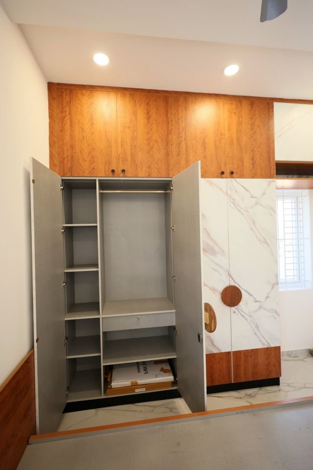 Wardrobe with shutters open