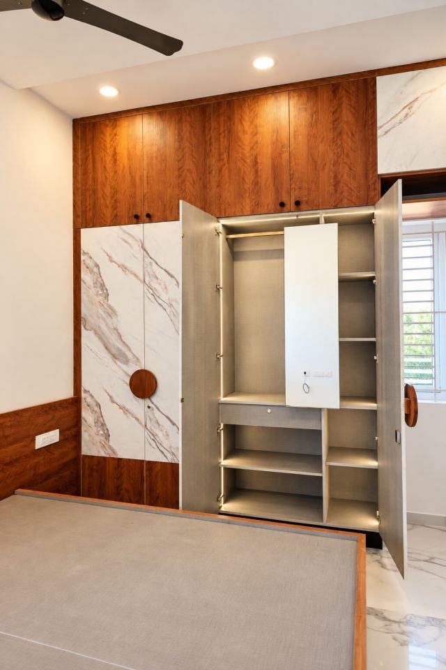 Wardrobe interior with warm lighting