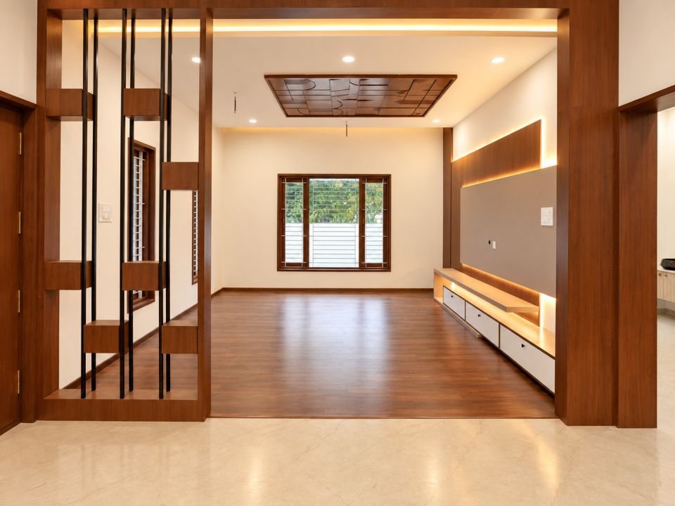 Living room seen through the wooden partition screen