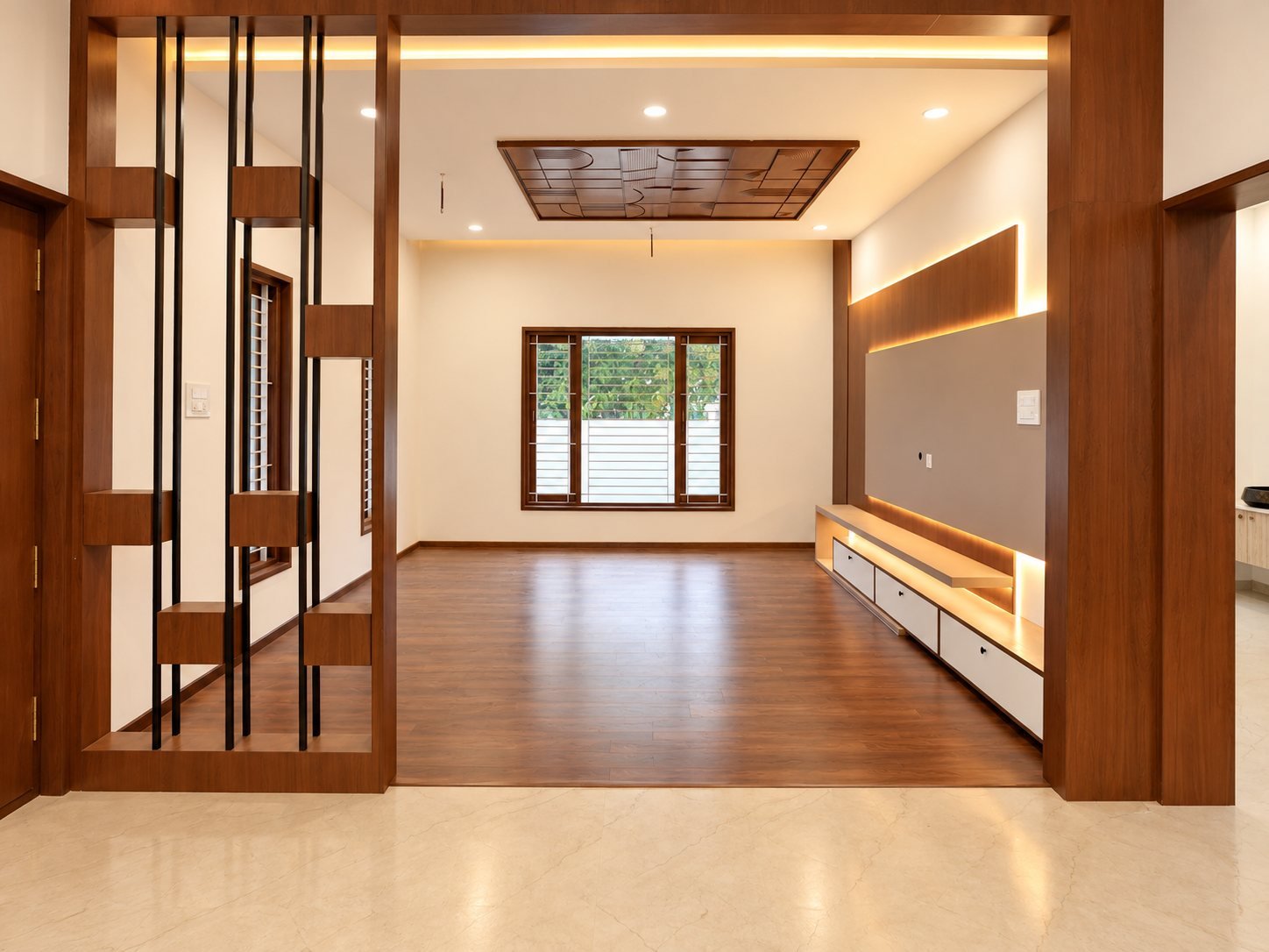 Living room seen through the wooden partition screen