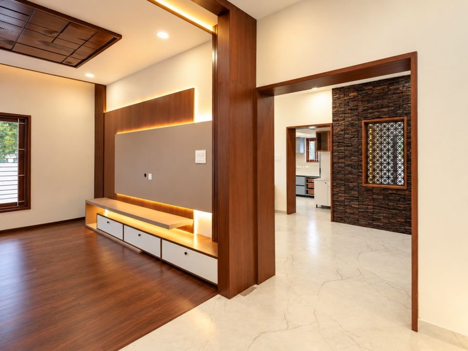 TV unit with the dining area beyond