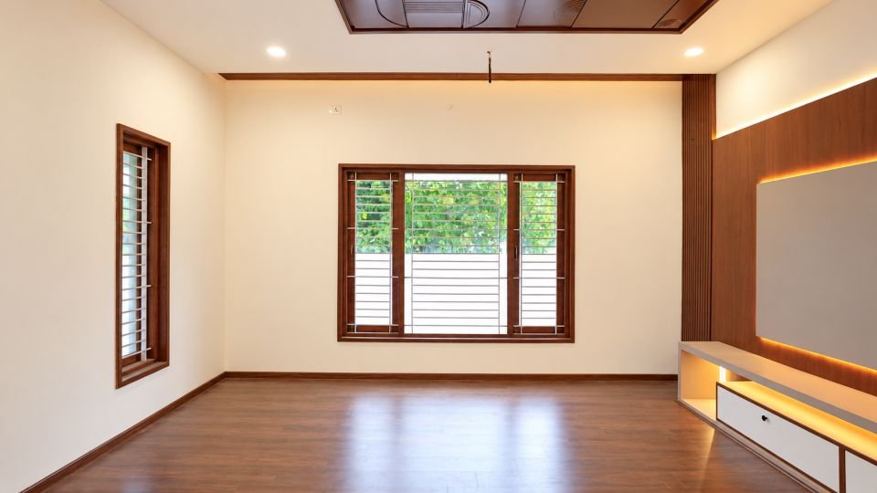 Living room window wall and wood finish floor