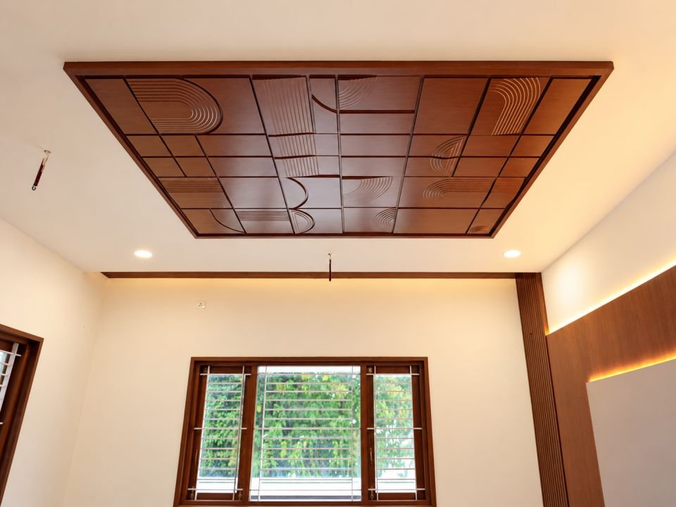 Wood panel false ceiling with cove lighting