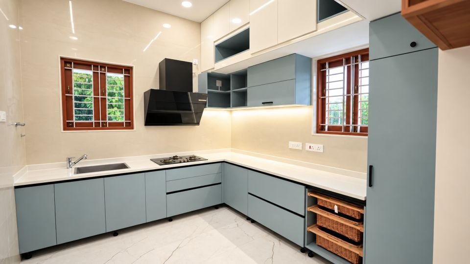 L-shaped modular kitchen in grey-green and white