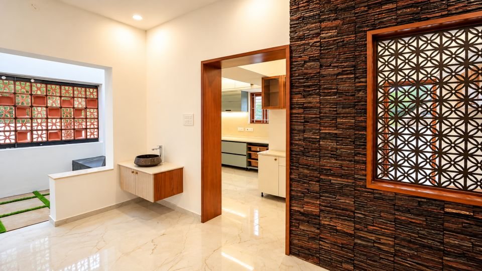 Wash area beside the stone clad wall