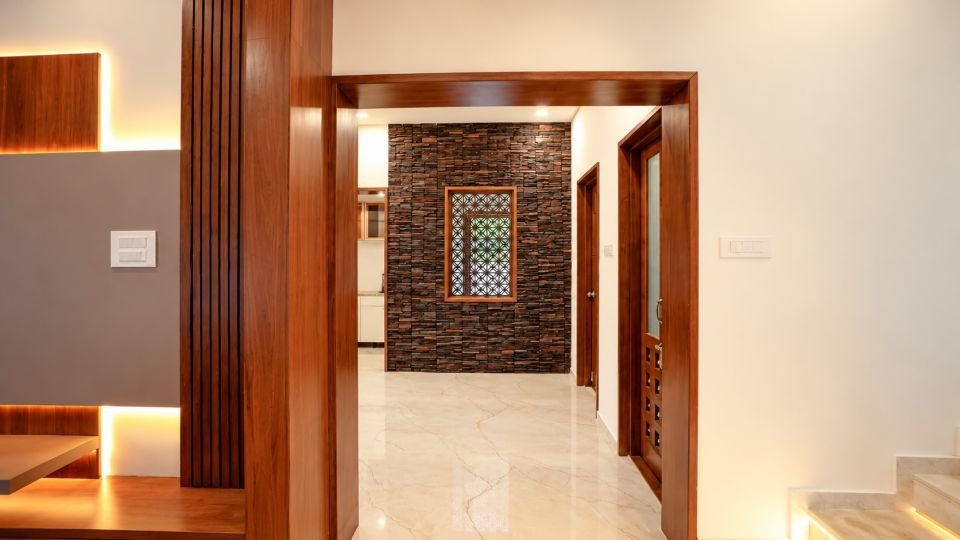 Passage with stone clad feature wall