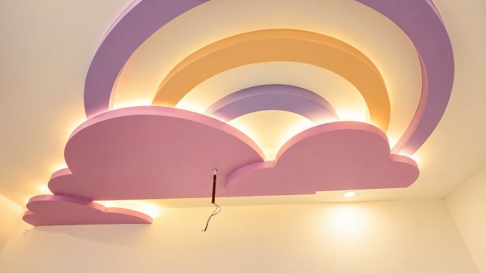 Kids room false ceiling shaped like a rainbow and cloud