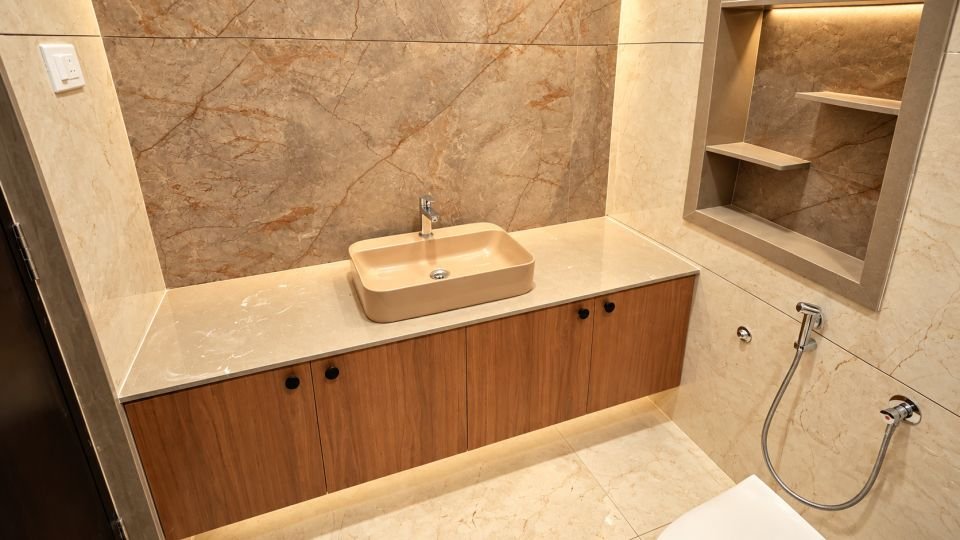 Vanity counter with wood finish cabinet